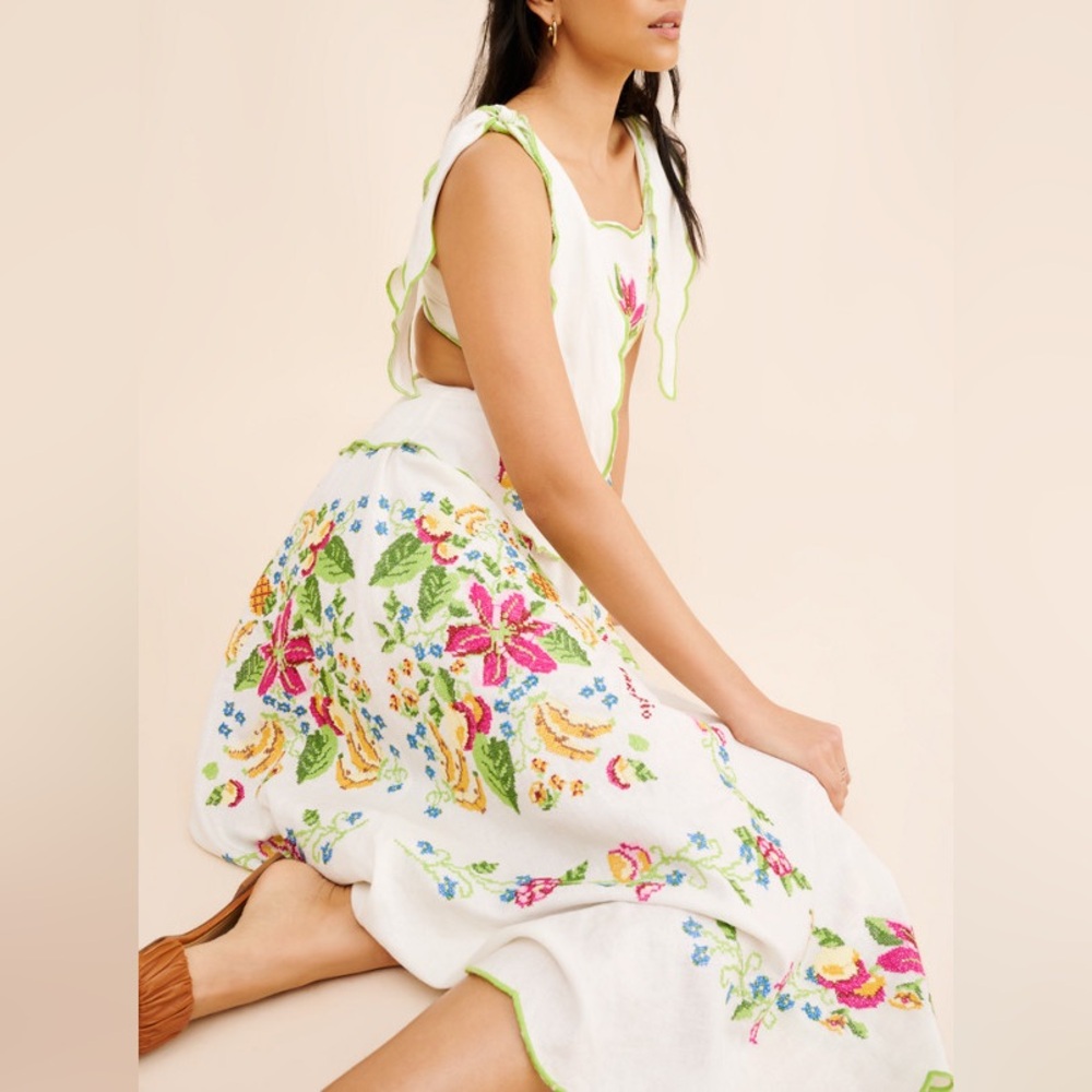 Farm Rio Tropical Romance Floral-embroidered Linen-blend Midi Dress Size XL - Picture 7 of 15